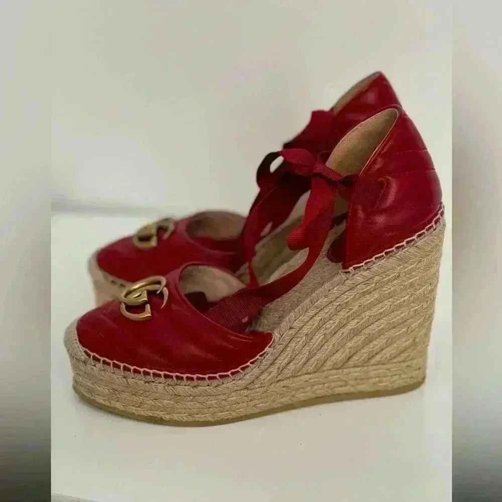 Gucci Red Leather Wedge Espadrilles with Gold Double G - Picture 4 of 6